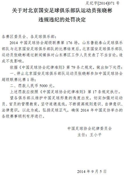 足协给张晓彬开罚单