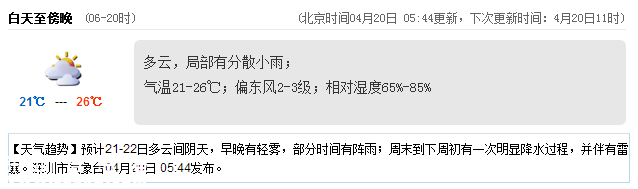 深圳天气（4.20）：多云有小雨 气温21-26℃