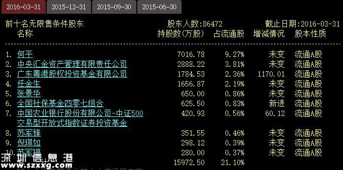 深圳惠程十大流通股东